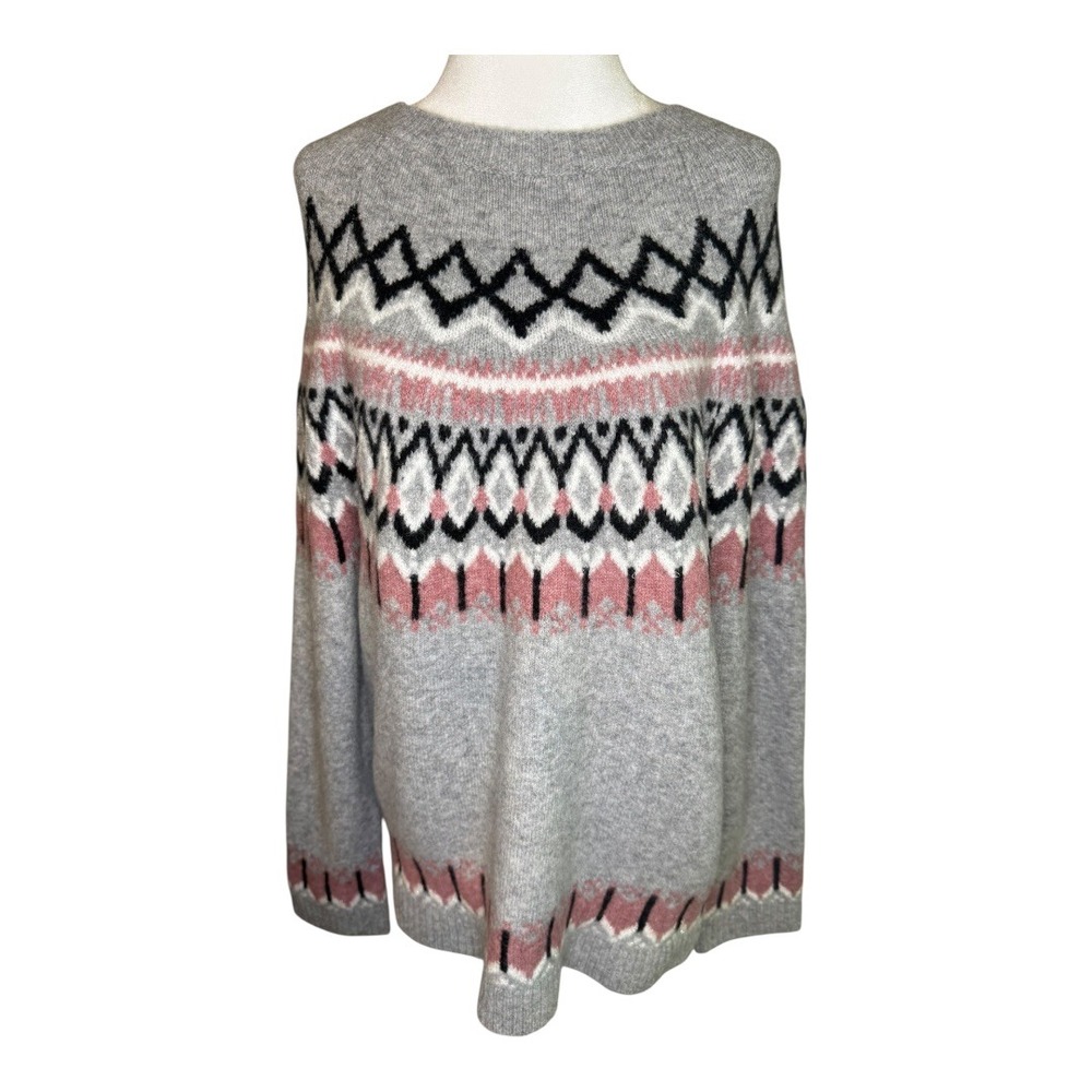DKNY Jeans Fair Isle Sweater Pullover Long Sleeve Gray Pink Black‎ XL NWT